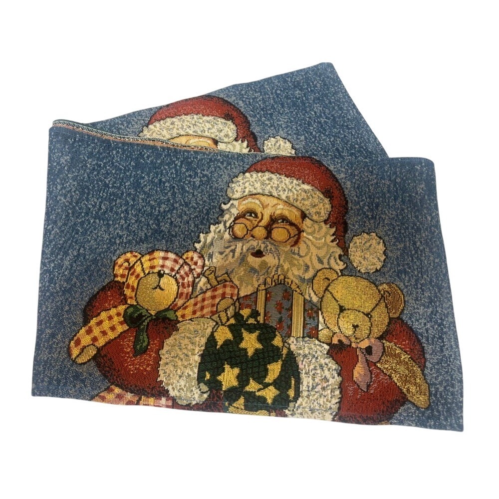 Christmas Tapestry Table Runner Santa Claus & Toys Repeating Holiday Blue
